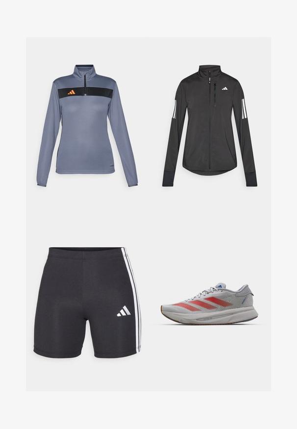 Giacchetto sportivo nero realizzato in materiale leggero. Presenta una chiusura frontale con zip, colletto alto e tre strisce bianche su ciascun manica.; Maglia atletica grigia chiara a manica lunga con collo a mezza zip, caratterizzata da una striscia orizzontale nera e un logo arancione sul petto. Tessuto morbido.; Pantaloni corti neri da atletica realizzati in tessuto elasticizzato, con strisce laterali bianche e logo Adidas sulla parte inferiore della gamba destra. Texture liscia.; Scarpa da corsa leggera con tomaia in rete grigia, dettagli con strisce rosse e intersuola bianca. Presenta una suola in gomma per una buona aderenza.