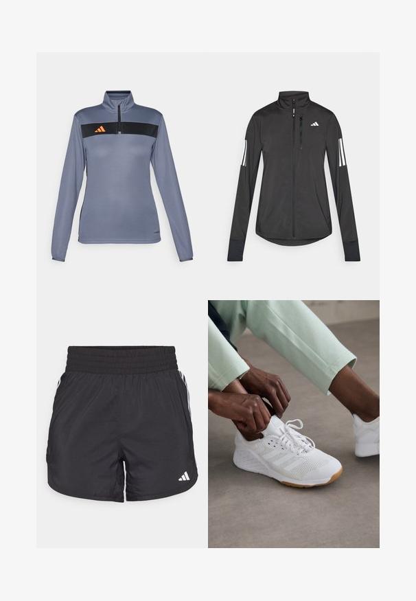 Veste de sport noire en matériau léger. Dotée d'une fermeture éclair sur le devant, d'un col haut et de trois rayures blanches sur chaque manche.; Haut de sport à manches longues gris clair avec un col zippé à mi-hauteur, présentant une bande horizontale noire et un logo orange sur la poitrine. Texture de tissu lisse.; Shorts de sport noirs avec une taille élastique, des poches latérales et des accents de rayures blanches sur les côtés. Fabriqués en matériau léger.; Chaussure de sport blanche avec une tige en maille, semelle en caoutchouc et un design à trois bandes. Les lacets sont en train d'être ajustés ; des vêtements gris clair et vert menthe sont visibles.