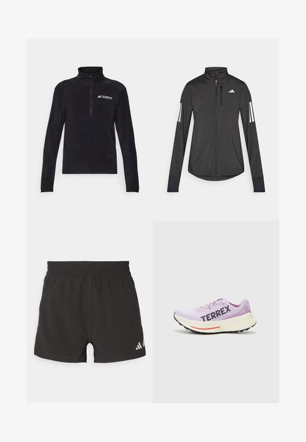 Fekete sportos dzseki könnyű anyagból. Elöl cipzárral, magas gallérral és minden ujjon három fehér csíkkal rendelkezik.; Fekete gyapjúpulóver hosszú ujjal, negyedcipzárral a nyakon és fehér "TERREX" logóval a bal mellrészen. Puha tapintású, sportos szabású.; Fekete sportnadrág, könnyű anyagból készült. Rugalmas derékrésszel, oldalsó cipzáros zsebbel és fényvisszaverő logóval rendelkezik az alján.; Lila futócipő légies hálós felsőrésszel, feltűnő "TERREX" logóval, fehér középtalppal és fekete gumi talppal, piros kiegészítővel.