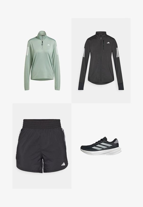 Sort atletisk jakke lavet af let materiale. Har en frontlynlås, høj krave og tre hvide striber på hver ærme.; Lysgrøn kvart-zip trøje lavet af glat stof, med lange ærmer og tre hvide striber på venstre arm.; Kortærmet atletisk t-shirt, mørkegrå med perforeret tekstur. Har et hvidt logo og kontrastfarvede sidelister. Rundet halsudskæring.; Sorte atletiske shorts med elastisk talje, sidelommer og hvid stribeaccent på siderne. Fremstillet af letvægtsmateriale.; Sort løbesko med mesh-overdel, tre sølvstriber, hvid mellemsål og struktureret ydersål. Har polstret krave og snørelukning.