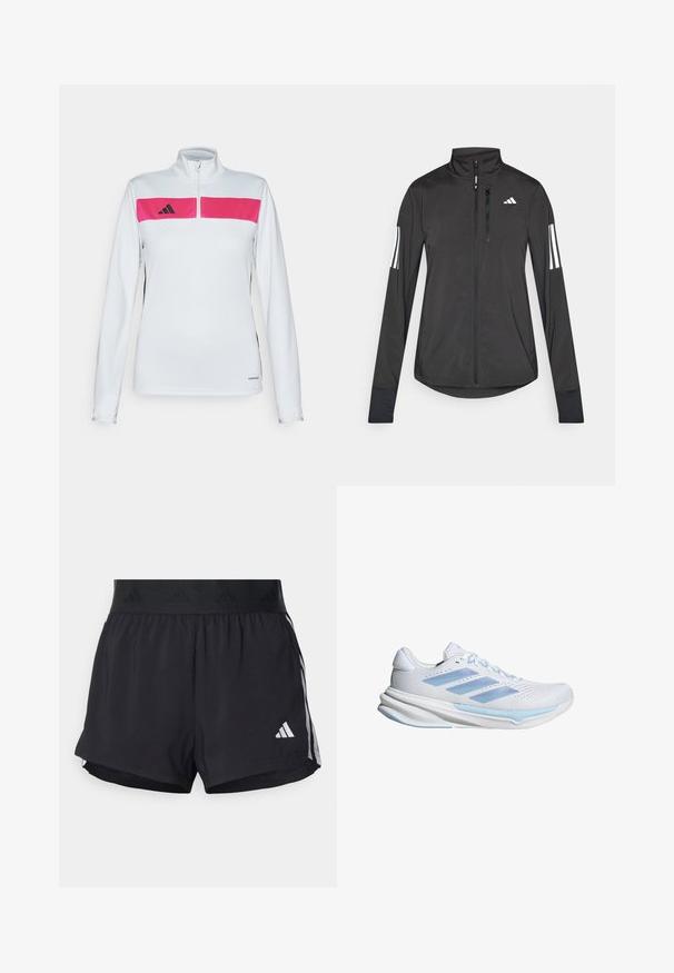 Giacchetto sportivo nero realizzato in materiale leggero. Presenta una chiusura frontale con zip, colletto alto e tre strisce bianche su ciascun manica.; Top atletico a maniche lunghe con corpo bianco, pannello sul petto rosa, accenti laterali neri e colletto con zip. Realizzato in tessuto leggero e traspirante.; Pantaloni sportivi neri con cintura elasticizzata, dotati di una banda testurizzata, strisce laterali e un logo Adidas bianco sull'orlo inferiore.; Scarpe da corsa bianche con accenti blu chiaro, tomaia in rete traspirante, design a tre strisce, soletta ammortizzata e suola con trazione testurizzata.
