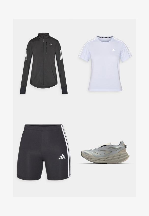 Giacchetto sportivo nero realizzato in materiale leggero. Presenta una chiusura frontale con zip, colletto alto e tre strisce bianche su ciascun manica.; T-shirt atletico a maniche corte di colore azzurro, con scollatura rotonda, texture simile a rete e tre righe bianche sulle spalle con un piccolo logo.; Pantaloni corti neri da atletica realizzati in tessuto elasticizzato, con strisce laterali bianche e logo Adidas sulla parte inferiore della gamba destra. Texture liscia.; Scarpa sportiva grigia con un design snodato, caratterizzata da una tomaia testurizzata, allacciatura visibile, intersuola ammortizzata e suola sagomata.