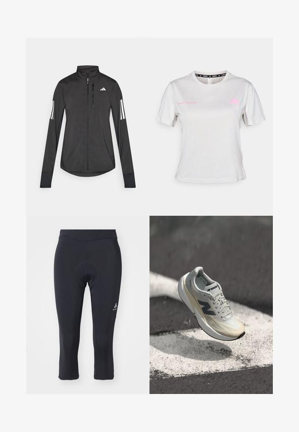 Juodas sportinis švarkas, pagamintas iš lengvos medžiagos. Yra priekinis užtrauktukas, aukšta apykaklė ir trys baltos juostos kiekviename rankovėje.; Šviesiai pilkas trumpas rankovės marškinėliai su apvalia iškirpte, su spausdintu tekstu "ADIDAS RUNNING" rožinės spalvos, rožinis Adidas logotipas ant krūtinės. Minkšta audinio tekstūra.; Juodos dviračių triko trijų ketvirčių ilgio, pagaminti iš sklandžios, tamprių medžiagų. Turi paminkštintą įsiuvą ir mažą logotipą ant apatinės kojos.; „New Balance“ bėgimo bateliai su šviesiai pilku tinkliniu viršumi, kreminiu tarpininiu padu, tamsiai pilkais akcentais ir elegantišku, aerodinaminiu dizainu.