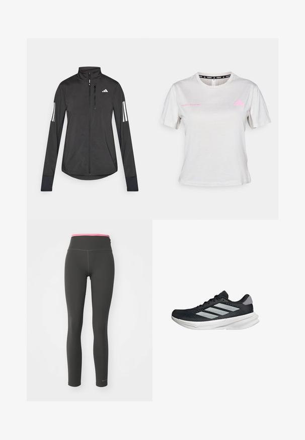 Black athletic jacket made of lightweight material. Features a front zipper, high collar, and three white stripes on each sleeve.; Light grey short-sleeve T-shirt featuring a round neck, "ADIDAS RUNNING" printed in pink, with pink Adidas logo on the chest. Soft fabric texture.; Black leggings with a high pink waistband, made from smooth, stretchy fabric. Features flat seams and a logo in the lower left.; Black running shoe with mesh upper, three silver stripes, white midsole, and textured outsole. Features padded collar and lace closure.