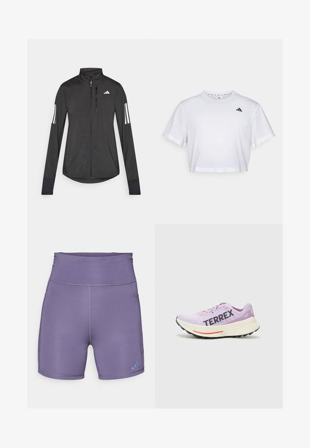 Must mustriga mustrin, millel on esiküljel lukuga, kõrge krae ja igal varrukal kolm valget triipu.; Valge lühikeste varrukatega krobitud t-särk, mis on valmistatud pehmest kangast ja millel on ümmargune kaelus. Vasakul rinnal must logo.; Lilla sportlikud lühikesed püksid kõrge taljejoonega, siledast materjalist ja kontrastse sinise logoga vasakul all. Omavad lamedaid õmblusi.; Lilla jooksujalats hingava võrkkattega, silmatorkav "TERREX" logo, valge vaheplaat ja must kummist välistald punaste aktsentidega.