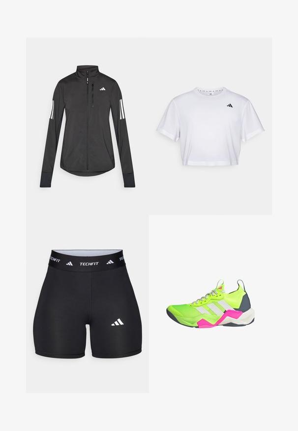 Zwarte sportjack gemaakt van lichtgewicht materiaal. Voorzien van een ritssluiting aan de voorkant, hoge kraag en drie witte strepen op elke mouw.; Witte cropped t-shirt gemaakt van zachte stof, met korte mouwen en een ronde hals. Zwart logo op de linkerborst.; Zwarte shorts van rekbaar materiaal met een getailleerd ontwerp. Beschikt over een brede zwarte tailleband met het label "TECHFIT" en een wit logo op het been.; Neon groene sportschoen met grijze accenten, drie witte strepen en roze details. Beschikt over een gestructureerde bovenkant en een gewatteerde zool.
