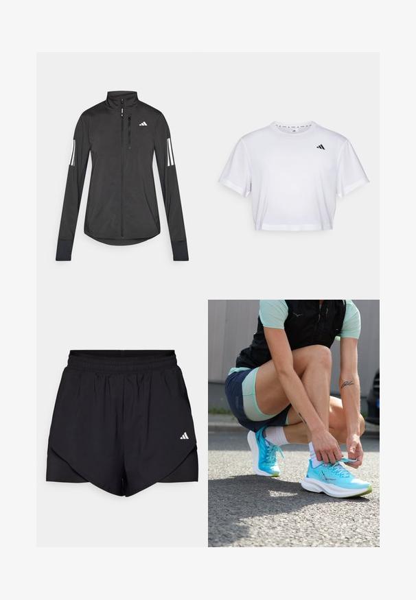 Fekete sportos dzseki könnyű anyagból. Elöl cipzárral, magas gallérral és minden ujjon három fehér csíkkal rendelkezik.; Fehér, rövid szabású póló, puha anyagból készült, rövid ujjakkal és kerek nyakkivágással. Fekete logó a bal mellen.; Fekete sportos rövidnadrág réteges dizájnnal, könnyű anyagból készült. Rugalmas derékpánttal és egy kis fehér logóval rendelkezik az oldalon.; Könnyű türkiz színű futócipők, texturált hálós felsőrésszel, fehér talppal és zöld részletekkel, amelyeket egy személy fűz fel egy járdán.