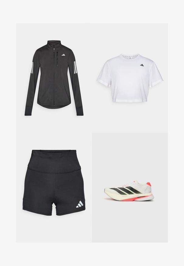 Svart treningsjakke laget av lett materiale. Har glidelås foran, høy krage og tre hvite striper på hver erme.; Hvit kortermet t-skjorte laget av mykt stoff, med korte ermer og rund hals. Svart logo på venstre bryst.; adidas Performance Tights - black; Hvit løpetssko med svarte striper, neongrønne detaljer og rød hæl. Har et teksturert mesh-overdel og lett såle for komfort.