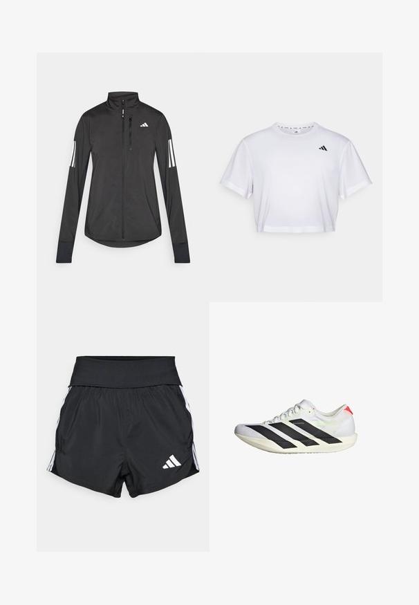 Črna športna jakna iz lahkega materiala. Ima sprednji zadrgo, visok ovratnik in tri bele črte na vsaki rokavi.; Bela skrajšana majica iz mehkega blaga, z kratkimi rokavi in okroglim izrezom. Črn logotip na levem prsou.; Črne atletske kratke hlače iz lahkega materiala, z širokim pasom, belimi stranskimi črtami in majhnim belim logotipom na spodnjem robu.; Bela tekaška čevlja z črnimi črtnimi, teksturirano mrežasto zgornjim delom, ravnim podplatom in refleksnimi detajli. Ima poenostavljeno obliko in vezalni sistem za zapiranje.