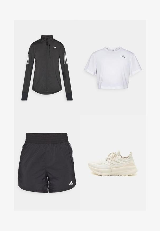 Černá atletická bunda vyrobená z lehkého materiálu. Má přední zip, vysoký límec a tři bílé pruhy na každém rukávu.; Bílý zkrácený tričko vyrobené z měkké látky, s krátkými rukávy a kulatým výstřihem. Černé logo na levé hrudi.; Černé sportovní šortky s elastickým pasem, bočními kapsami a bílými pruhy po stranách. Vyrobené z lehkého materiálu.; Bílé sportovní tenisky s texturovaným svrškem, designem se třemi pruhy, lehkým polstrováním a akcentem paty v rozdělených barvách. Technologie lehké podešve.