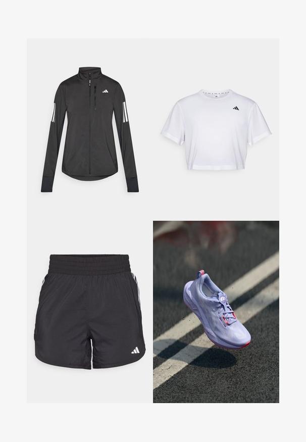 Černá atletická bunda vyrobená z lehkého materiálu. Má přední zip, vysoký límec a tři bílé pruhy na každém rukávu.; Bílý zkrácený tričko vyrobené z měkké látky, s krátkými rukávy a kulatým výstřihem. Černé logo na levé hrudi.; Černé sportovní šortky s elastickým pasem, bočními kapsami a bílými pruhy po stranách. Vyrobené z lehkého materiálu.; Světle fialová běžecká bota s texturovaným svrškem, růžovými detaily, kulatým systémem šněrování a puntíkovanou podrážkou, umístěná nad pozadím z asfaltu.
