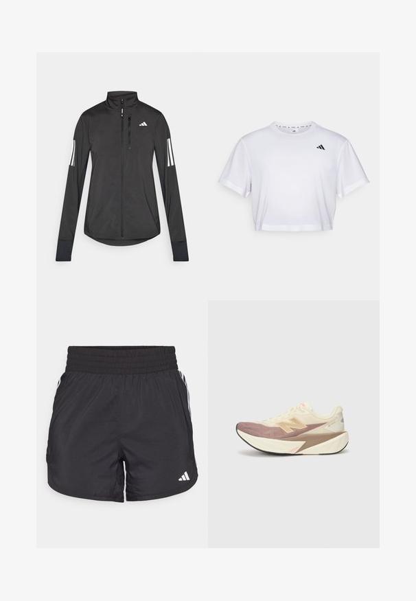 Svart treningsjakke laget av lett materiale. Har glidelås foran, høy krage og tre hvite striper på hver erme.; Hvit kortermet t-skjorte laget av mykt stoff, med korte ermer og rund hals. Svart logo på venstre bryst.; Svarte treningsshorts med elastisk midje, sidelommer og hvite stripeaksenter på sidene. Laget av lett materiale.; Løpesko med en kremfarget overdel, rosa detaljer og grå elementer. Har en tykk såle med strukturert overflate og fremtredende logo.