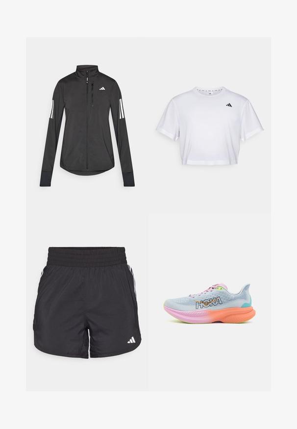 Černá atletická bunda vyrobená z lehkého materiálu. Má přední zip, vysoký límec a tři bílé pruhy na každém rukávu.; Bílý zkrácený tričko vyrobené z měkké látky, s krátkými rukávy a kulatým výstřihem. Černé logo na levé hrudi.; Černé sportovní šortky s elastickým pasem, bočními kapsami a bílými pruhy po stranách. Vyrobené z lehkého materiálu.; HOKA MACH 6 - Silniční běžecké boty - illusion/dusk