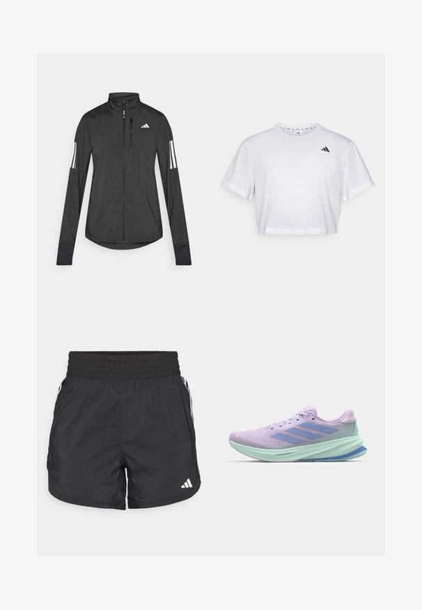 Čierna športová bunda vyrobená z ľahkého materiálu. Má zips vpredu, vysoký golier a tri biele pruhy na každom rukáve.; Biely skrátený tričko vyrobené z mäkkého materiálu, s krátkymi rukávmi a okrúhlym výstrihom. Čierne logo na ľavej hrudi.; Čierne športové šortky s elastickým pásom, bočnými vreckami a bielymi pruhmi po stranách. Vyrobené z ľahkého materiálu.; Fialová bežecká obuv s priedušným sieťovým zvrškom, s jemne modrými akcentmi a logom troch pruhov. Ľahký, polstrovaný dizajn päty.