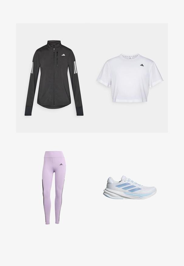 Svart idrottsjacka i lätt material. Har en framzipper, hög krage och tre vita ränder på varje ärm.; Vit kortärmad t-shirt i mjukt material, med rund halsringning. Svart logotyp på vänster bröst.; Lila idrottstights med hög midja, elastiskt material, svarta sidostreifen och Adidas-logotypen framtill.; Vita löparskor med ljusblå accenter, andningsbart nätöverdel, tre-randsdesign, dämpad sula och strukturerad dragkraftssula.