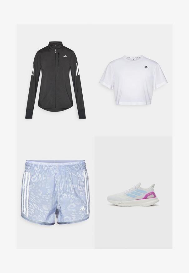 Schwarze Sportjacke aus leichtem Material. Mit einem Frontreißverschluss, hohem Kragen und drei weißen Streifen an jedem Ärmel.; Weißes, kurzes T-Shirt aus weichem Stoff, mit kurzen Ärmeln und rundem Ausschnitt. Schwarzes Logo auf der linken Brust.; Hellblaue Laufshorts mit einem dezenten Leopardenmuster, elastischem Bund und drei weißen Streifen an jeder Seite.; adidas Performance PUREBOOST 5 - Laufschuh Straße - white/glow blue/purple burst