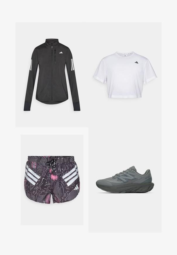 Must mustriga mustrin, millel on esiküljel lukuga, kõrge krae ja igal varrukal kolm valget triipu.; Valge lühikeste varrukatega krobitud t-särk, mis on valmistatud pehmest kangast ja millel on ümmargune kaelus. Vasakul rinnal must logo.; adidas Performance SHORT - Spordišortsid - black; Hallhalli hallitavad New Balance jooksutossud, millel on pehme tald, võrgust ülemine osa ja paelad, nähtavad küljelt valge tausta ees.