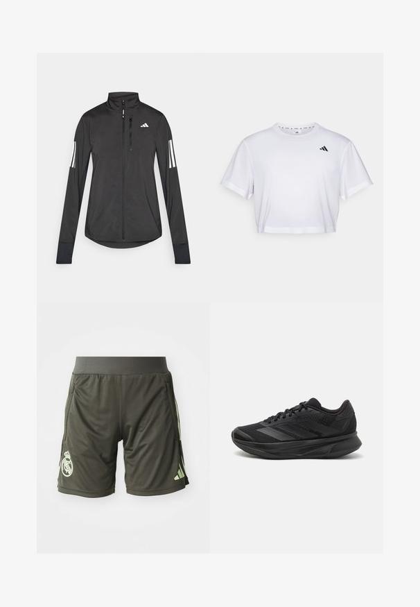Schwarze Sportjacke aus leichtem Material. Mit einem Frontreißverschluss, hohem Kragen und drei weißen Streifen an jedem Ärmel.; Weißes, kurzes T-Shirt aus weichem Stoff, mit kurzen Ärmeln und rundem Ausschnitt. Schwarzes Logo auf der linken Brust.; Dunkelgrüne Sportshorts mit einem elastischen Bund, seitlichen Taschen und einem hellgrünen Logo am linken Unterschenkel.; Schwarzer Laufschuh mit einem atmungsaktiven Mesh-Obermaterial, runder Zehenpartie, schlankem Design, strukturierten Akzenten und einer gepolsterten Sohle für Komfort.