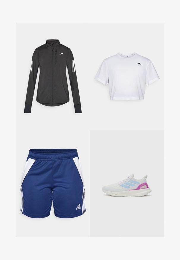 Juodas sportinis švarkas, pagamintas iš lengvos medžiagos. Yra priekinis užtrauktukas, aukšta apykaklė ir trys baltos juostos kiekviename rankovėje.; Balta trumpa marškinėliai, pagaminti iš švelnios medžiagos, su trumpomis rankovėmis ir apvaliu iškirpimu. Juodas logotipas kairėje krūtinės pusėje.; Tamsiai mėlyni sportiniai šortai su baltais šonų elementais, pagaminti iš lygaus audinio, turintys elastingą juosmenį ir „Adidas“ logotipą apatine dalimi.; adidas Performance PUREBOOST 5 - Bėgimo batai plentui - white/glow blue/purple burst