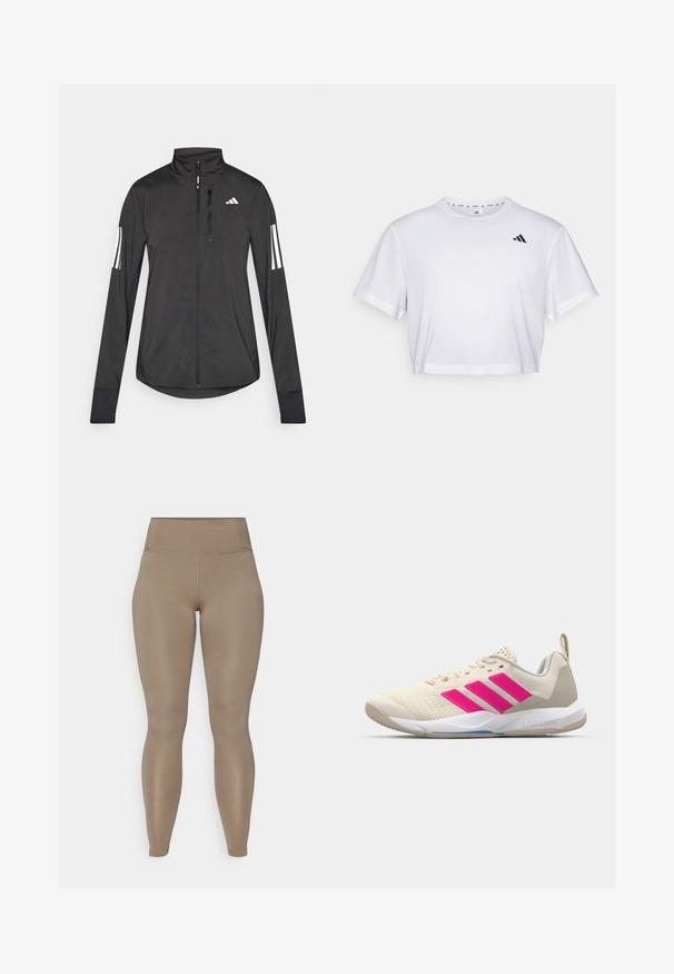 Fekete sportos dzseki könnyű anyagból. Elöl cipzárral, magas gallérral és minden ujjon három fehér csíkkal rendelkezik.; Fehér, rövid szabású póló, puha anyagból készült, rövid ujjakkal és kerek nyakkivágással. Fekete logó a bal mellen.; Magas derekú leggings egyszínű bézs színben. Simább, rugalmas anyagból készült, látható minták vagy fémrészek nélkül.; Beige sportcipő rózsaszín háromsávos logóval, texturált hálós felső résszel, párnázott nyakkal és fehér gumitalppal, "LIGHTSTRIKE" márkajelzéssel.