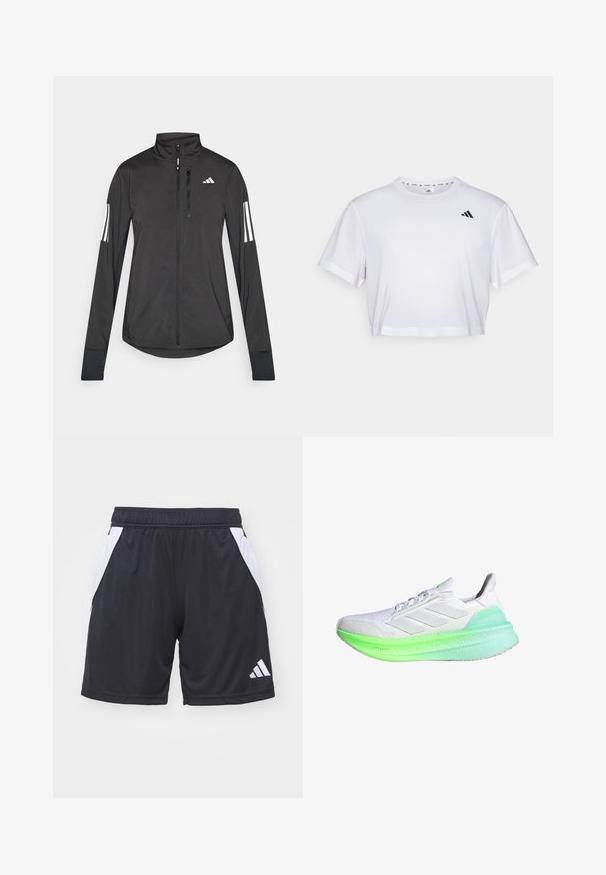 Jaqueta atlética preta feita de material leve. Apresenta um fecho frontal, colarinho alto e três riscas brancas em cada manga.; T-shirt branca corta feita de tecido suave, com mangas curtas e decote redondo. Logotipo preto no lado esquerdo do peito.; Calções atléticos pretos feitos de tecido leve, com painéis laterais brancos e um cós elástico. Inclui o logótipo da Adidas em branco.; Sapato atlético branco com parte superior em malha texturizada, entressola em gradiente verde e três riscas brancas de lado. Apresenta um bico arredondado e sola acolchoada.