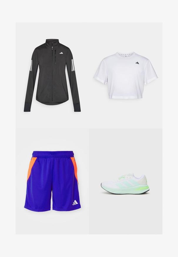 Svart treningsjakke laget av lett materiale. Har glidelås foran, høy krage og tre hvite striper på hver erme.; Hvit kortermet t-skjorte laget av mykt stoff, med korte ermer og rund hals. Svart logo på venstre bryst.; Lilla idrettsshorts med lyseoransje sid_PANELER, elastisk midje, og hvit logo. Materialet ser lett og glatt ut.; Hvit treningstype sko med mesh-overdel, limegrønne detaljer og svart såle. Har tre striper-design på siden og polstret krage.