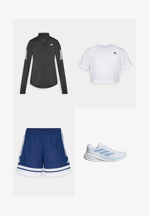 Chaqueta deportiva negra hecha de material ligero. Cuenta con una cremallera frontal, un cuello alto y tres franjas blancas en cada manga.; Camiseta blanca recortada hecha de una tela suave, con mangas cortas y un escote redondo. Logo negro en el lado izquierdo del pecho.; Pantalones cortos deportivos en color navy con cintura elástica, acentos en blanco y tres rayas a cada lado; fabricados con material ligero y transpirable.; Zapatillas de running blancas con acentos en azul claro, parte superior de malla transpirable, diseño de tres rayas, suela acolchada y suela exterior con tracción texturizada.
