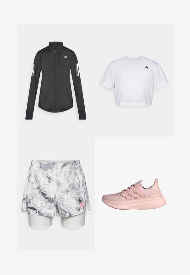 Black athletic jacket made of lightweight material. Features a front zipper, high collar, and three white stripes on each sleeve.; White cropped t-shirt made from soft fabric, featuring short sleeves and a round neckline. Black logo on the left chest.; Shorts with a gray and white abstract pattern, featuring an elastic waistband, inner liner, and a pink logo accent on the side.; Pink athletic shoes with a knit upper, three-stripe design, and a thick cushioned sole labeled "Light Boost." Textured finish on the upper.