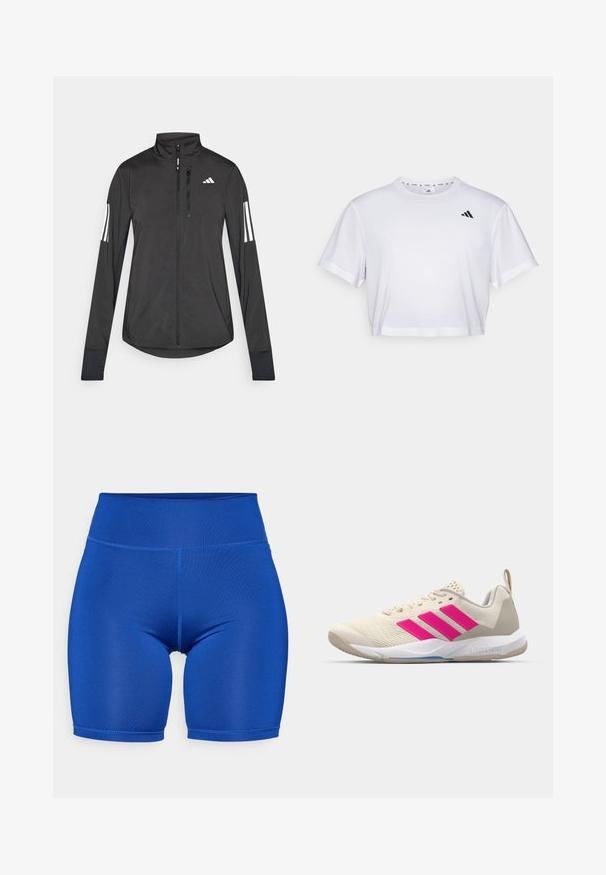 Veste de sport noire en matériau léger. Dotée d'une fermeture éclair sur le devant, d'un col haut et de trois rayures blanches sur chaque manche.; T-shirt blanc court en tissu doux, avec des manches courtes et un col rond. Logo noir sur la poitrine gauche.; ONLY Play ONPJAM JIMBO TRAIN SHORTS - Leggings - surf the web; Baskets de sport beiges avec un logo à trois bandes roses, tige en maille texturée, col rembourré et semelle en caoutchouc blanc, arborant le marquage "LIGHTSTRIKE".