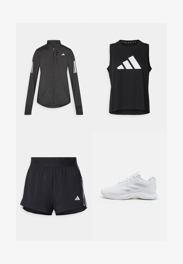Črna športna jakna iz lahkega materiala. Ima sprednji zadrgo, visok ovratnik in tri bele črte na vsaki rokavi.; Črn brezrokavnik športni top, izdelan iz gladkega materiala, s velikim belim logotipom Adidas in tremi diagonalnimi črtami na sprednji strani.; Črne atletske kratke hlače z elastičnim pasom, ki vsebuje teksturirano obrobo, stranske črte in belo Adidasovo logotip na spodnjem robu.; Bela atletska tenisica z mrežasto zgornjico, tremi teksturiranimi črtami ob strani, vezalnim zapiranjem in oblazinjeno podplati, primerna za šport ali prosti čas.