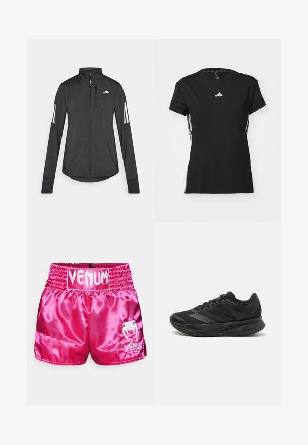 Svart idrottsjacka i lätt material. Har en framzipper, hög krage och tre vita ränder på varje ärm.; Svart idrottströja med korta ärmar, tillverkad av syntetiskt material. Har en liten vit logotyp på bröstet och vita ränder på sidorna.; Venum CLASSIC MUAY THAI SHORT - Träningsshorts - pink/white; Svart löparskor med ett andningsbart mesh-övre, rund tå, elegant design, texturerade accenter och en dämpad sula för komfort.