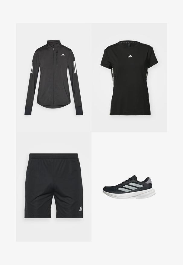 Black athletic jacket made of lightweight material. Features a front zipper, high collar, and three white stripes on each sleeve.; Black athletic t-shirt with short sleeves, made of synthetic material. Features a small white logo on the chest and white stripes on the sides.; Black athletic shorts made of smooth fabric, featuring an elastic waistband, straight cut, and a silver Adidas logo on the lower right side.; Black running shoe with mesh upper, three silver stripes, white midsole, and textured outsole. Features padded collar and lace closure.