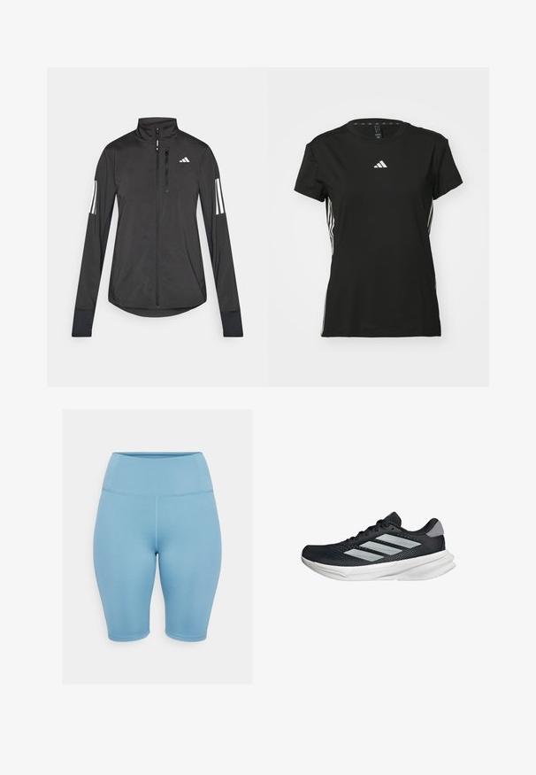 Giacchetto sportivo nero realizzato in materiale leggero. Presenta una chiusura frontale con zip, colletto alto e tre strisce bianche su ciascun manica.; Maglietta sportiva nera a maniche corte, realizzata in materiale sintetico. Presenta un piccolo logo bianco sul petto e strisce bianche sui lati.; Pantaloni ciclisti a vita alta di colore azzurro chiaro, realizzati in tessuto elastico, con cuciture piatte e texture liscia, ideali per abbigliamento sportivo.; Scarpa da corsa nera con tomaia in mesh, tre strisce argentate, intersuola bianca e suola testurizzata. Presenta un colletto imbottito e chiusura con lacci.