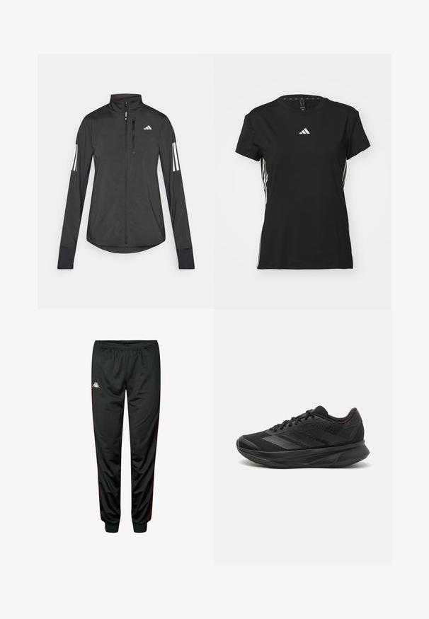 Zwarte sportjack gemaakt van lichtgewicht materiaal. Voorzien van een ritssluiting aan de voorkant, hoge kraag en drie witte strepen op elke mouw.; Zwarte sportt-shirt met korte mouwen, gemaakt van synthetisch materiaal. Bevat een klein wit logo op de borst en witte strepen aan de zijkanten.; Zwarte sportbroek met rode zijkanten, elastische tailleband, taps toelopende benen, gemaakt van gladde, lichte stof. Voorzien van een logo aan de voorkant.; Zwarte hardloopschoen met een ademende mesh bovenkant, ronde neus, slank ontwerp, textuuraccenten en een gevoerde zool voor comfort.