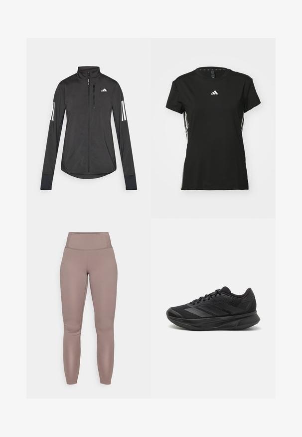 Schwarze Sportjacke aus leichtem Material. Mit einem Frontreißverschluss, hohem Kragen und drei weißen Streifen an jedem Ärmel.; Schwarzes Sport-T-Shirt mit kurzen Ärmeln, hergestellt aus synthetischem Material. Verfügt über ein kleines weißes Logo auf der Brust und weiße Streifen an den Seiten.; Hoch-taillierte, figurbetonte Leggings in einem einheitlichen Taupe-Farbton, ausgestattet mit glattem, elastischem Material und einem sauberen, nahtlosen Design.; Schwarzer Laufschuh mit einem atmungsaktiven Mesh-Obermaterial, runder Zehenpartie, schlankem Design, strukturierten Akzenten und einer gepolsterten Sohle für Komfort.