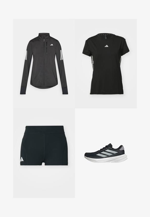 Giacchetto sportivo nero realizzato in materiale leggero. Presenta una chiusura frontale con zip, colletto alto e tre strisce bianche su ciascun manica.; Maglietta sportiva nera a maniche corte, realizzata in materiale sintetico. Presenta un piccolo logo bianco sul petto e strisce bianche sui lati.; Pantaloni sportivi neri realizzati in tessuto elasticizzato, con vita alta, forma aderente e logo Adidas bianco sul lato sinistro.; Scarpa da corsa nera con tomaia in mesh, tre strisce argentate, intersuola bianca e suola testurizzata. Presenta un colletto imbottito e chiusura con lacci.