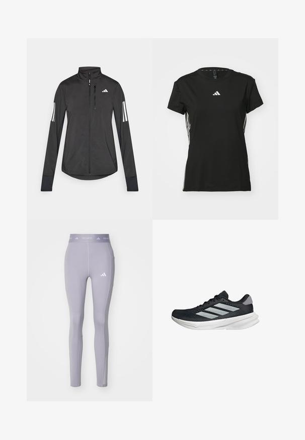 Giacchetto sportivo nero realizzato in materiale leggero. Presenta una chiusura frontale con zip, colletto alto e tre strisce bianche su ciascun manica.; Maglietta sportiva nera a maniche corte, realizzata in materiale sintetico. Presenta un piccolo logo bianco sul petto e strisce bianche sui lati.; adidas Performance Leggings - glory grey; Scarpa da corsa nera con tomaia in mesh, tre strisce argentate, intersuola bianca e suola testurizzata. Presenta un colletto imbottito e chiusura con lacci.