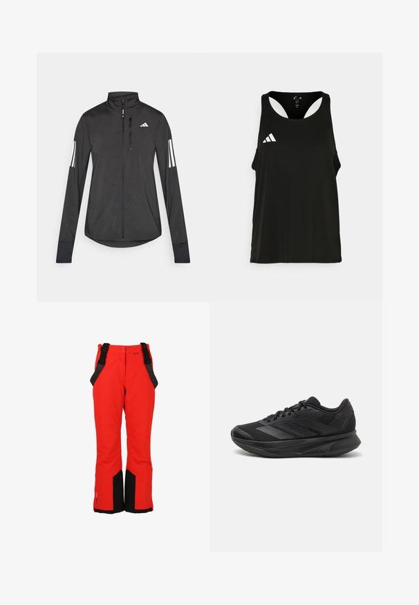 Svart idrottsjacka i lätt material. Har en framzipper, hög krage och tre vita ränder på varje ärm.; Svart sportig linne med rund halsringning och öppen ryggdesign. Har en vit Adidas-logotyp på vänster bröstområde. Mjuk, lättviktig tyg.; Röda snöbyxor med svarta detaljer, justerbara hängslen, vida ben och fickor med dragkedja för funktionalitet och komfort i vinterförhållanden.; Svart löparskor med ett andningsbart mesh-övre, rund tå, elegant design, texturerade accenter och en dämpad sula för komfort.