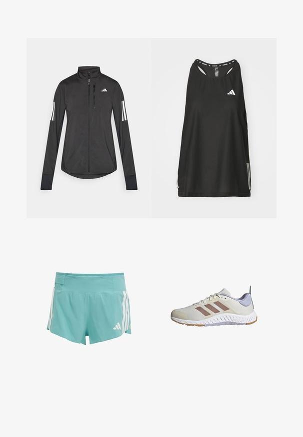 Czarna sportowa kurtka wykonana z lekkiego materiału. Posiada zamek błyskawiczny z przodu, wysoki kołnierz oraz trzy białe paski na każdym rękawie.; Czarny bezrękawnik sportowy z okrągłym dekoltem. Zawiera białe logo oraz trzy białe paski po bokach; wykonany z oddychającego materiału.; Jasnoniebieskie szorty sportowe z teksturowanej tkaniny, białe paski po bokach oraz kieszeń w pasie do przechowywania. Odpowiednie do aktywności sportowych.; adidas Performance EVERYSET mleczny