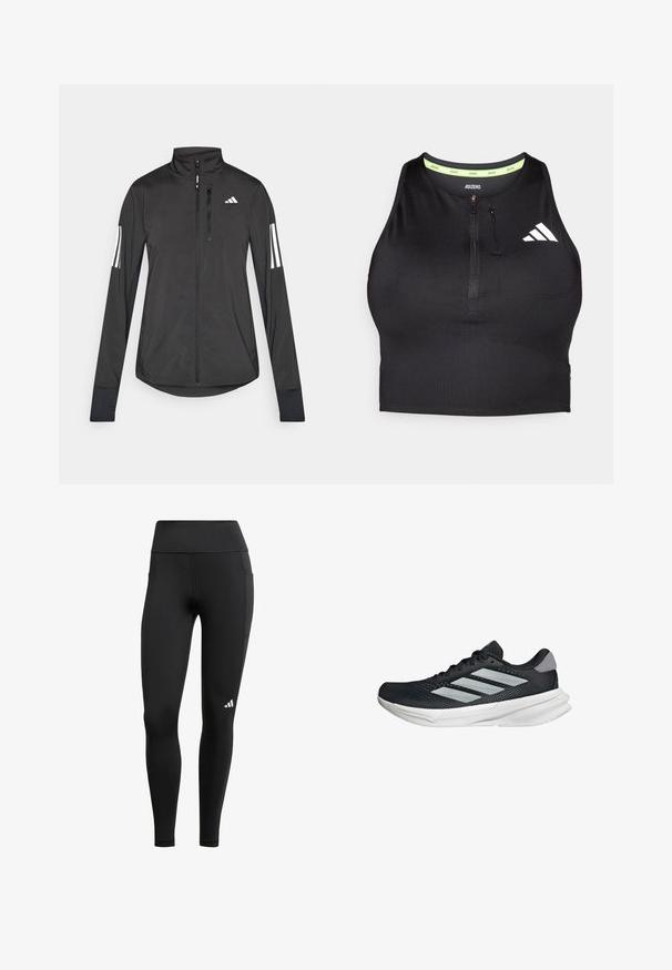 Zwarte sportjack gemaakt van lichtgewicht materiaal. Voorzien van een ritssluiting aan de voorkant, hoge kraag en drie witte strepen op elke mouw.; Zwarte atletische crop top met een ritssluiting aan de voorkant, gemaakt van gladde stof. Heeft een groene binnenhalslijn en een wit logo aan de zijkant.; Zwarte sportleggings met een hoge tailleband, gemaakt van rekbare stof; heeft een zijzak en een klein wit logo nabij de zoom.; Zwarte hardloopschoen met een mesh bovenzijde, drie zilveren strepen, witte middenzool en een gestructureerde loopzool. Heeft een gevoerde kraag en een vetersluiting.