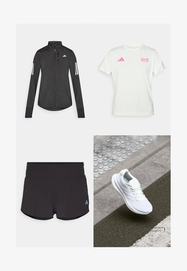 Juodas sportinis švarkas, pagamintas iš lengvos medžiagos. Yra priekinis užtrauktukas, aukšta apykaklė ir trys baltos juostos kiekviename rankovėje.; Balta trumpos rankovės marškinėliai su rožiniu Adidas logotipu kairėje krūtinės pusėje ir BMW Berlyno maratono logotipu dešinėje krūtinės pusėje.; Juodos sportinės šortai su tekstūruotu paviršiumi, turintys platų juosmenį ir šviesiai mėlyną „Adidas“ logotipą kairiajame apatine kampe.; Baltas sportinis batelis su tinklinio audiniu, raišteliais ir tekstūruotu padu. Diskretiška prekės ženklų simbolika ir be siūlių konstrukcijos detalės matomos.