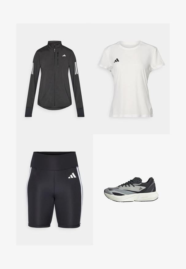 Crni sportski jakna napravljena od laganog materijala. Ima prednji zatvarač, visoki ovratnik i tri bijele pruge na svakoj rukavu.; Bijela atletska majica od tkanine koja upija vlagu. Kratki rukavi, okrugli izrez, s crnim logotipom i emblemom s tri pruge na lijevoj strani prsiju.; Crne atletske kratke hlače s visokim strukom, bijelim bočnim prugama i malim bijelim logotipom. Glatka tkanina s prilagođenim dizajnom.; Trkačke tenisice s gornjim dijelom od sive i crne mrežice, geometrijskim prekrivačima, debelim bijelim potplatom i taktilnim naglascima. Vidljiv "LIGHTSTRIKE" brend.