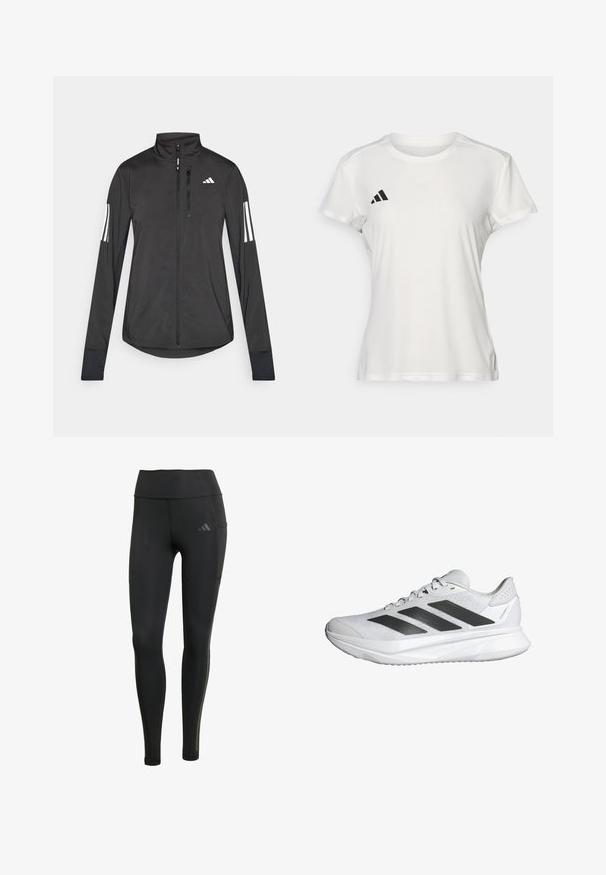 Zwarte sportjack gemaakt van lichtgewicht materiaal. Voorzien van een ritssluiting aan de voorkant, hoge kraag en drie witte strepen op elke mouw.; Witte sportieve T-shirt van vochtafvoerende stof. Korte mouwen, ronde hals, met zwart logo en drie-strepenembleem op de linkerkant van de borst.; Zwarte sportleggings van rekbaar materiaal, met een hoge tailleband, ton-sur-ton stiksels en een klein logo op het bovenste gedeelte van het linkerpijp.; Witte sportieve schoen met een ademende mesh bovenkant, drie zwarte strepen, een lichte zool en gestructureerde accenten op de hiel voor ondersteuning.