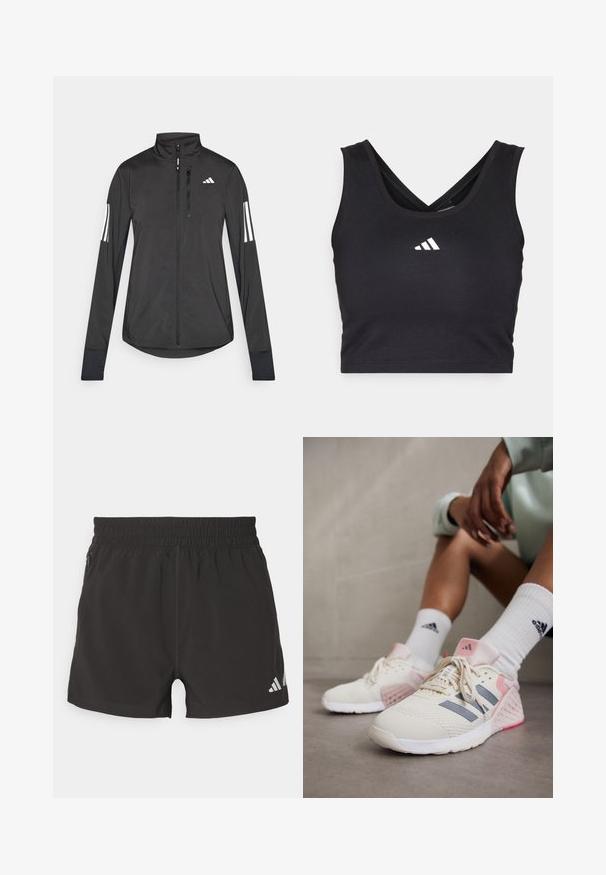 Sort atletisk jakke lavet af let materiale. Har en frontlynlås, høj krave og tre hvide striber på hver ærme.; Sort cropped sports-bh med crossover-design, lavet af glat stof. Har et hvidt Adidas-logo på fronten.; Sorte atletiske shorts lavet af letvægtsstof. Har en elastisk talje, sidelommer med lynlås og et reflekterende logo på kanten.; adidas Performance DROPSET 3 - Træningssko - chalk white/iron metallic/semi pink spark