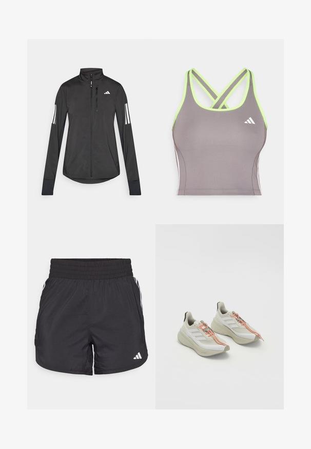 Veste de sport noire en matériau léger. Dotée d'une fermeture éclair sur le devant, d'un col haut et de trois rayures blanches sur chaque manche.; Débardeur de sport gris avec des bretelles croisées vert citron, arborant un logo Adidas blanc et une coupe ajustée. Texture lisse.; Shorts de sport noirs avec une taille élastique, des poches latérales et des accents de rayures blanches sur les côtés. Fabriqués en matériau léger.; Chaussures de sport de couleur claire avec une tige en tissu texturé blanc, des lacets orange et une semelle épaisse et rembourrée. Design à trois bandes sur le côté.