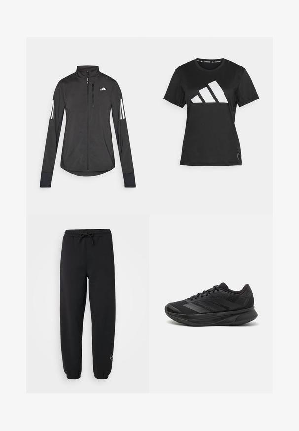 Svart idrottsjacka i lätt material. Har en framzipper, hög krage och tre vita ränder på varje ärm.; Svart atletisk t-shirt gjord av ett mjukt tyg, med en stor vit tre-stripes-logotyp på framsidan och etikettinformation vid fållen.; Svarta sweatpants i mjukt material, med elastisk midja och dragsko, avslutade med mudd vid anklarna och en liten logotyp på nederbenet.; Svart löparskor med ett andningsbart mesh-övre, rund tå, elegant design, texturerade accenter och en dämpad sula för komfort.