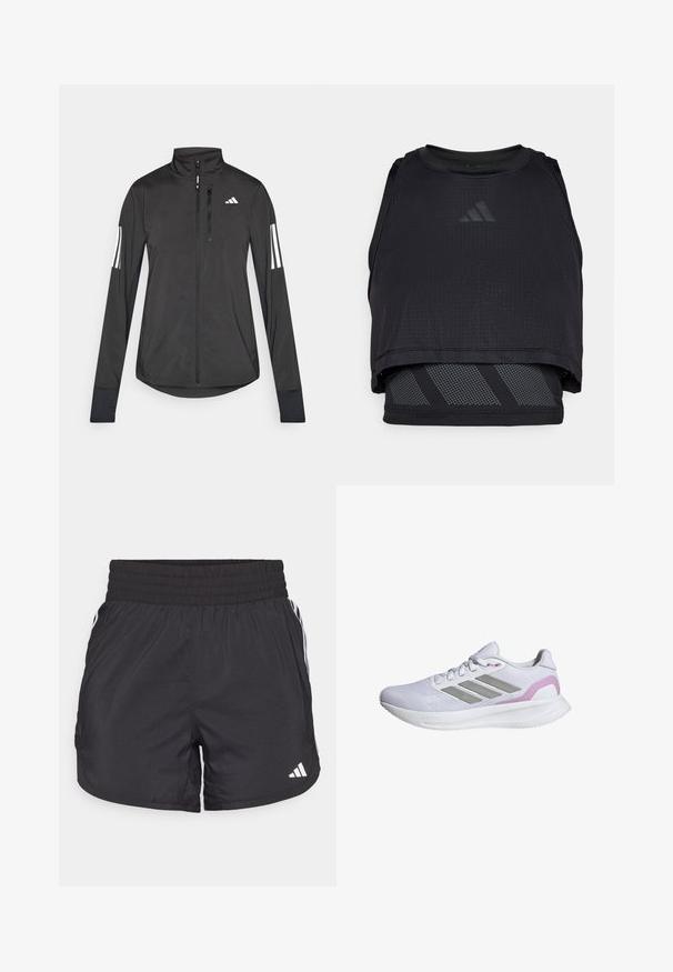 Must mustriga mustrin, millel on esiküljel lukuga, kõrge krae ja igal varrukal kolm valget triipu.; Must värvi sportlik lühike T-särk, millel on läbilaskev disain, ümmargune kaelus ja kihiline alus, millel on hallid diagonaalsed triibud. Tekstureeritud, hingav kangas.; Mustad mustriga mustad sportlikud lühikesed püksid elastse värviga, küljetaskud ja valged triibud külgedel. Valmistatud kerge materjali sisu.; Valge spordijalats, millel on võrgust ülemine osa, hõbedased triibud ja roosa kanddetail. Omab tekstureeritud talda, millel on "CLOUDfoam" tekst.