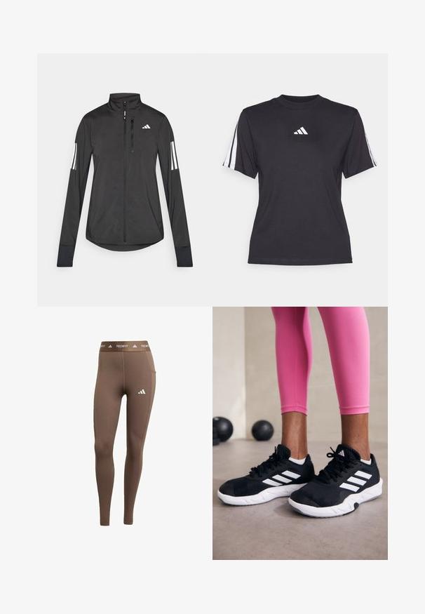 Jaqueta atlética preta feita de material leve. Apresenta um fecho frontal, colarinho alto e três riscas brancas em cada manga.; T-shirt atlético preto feito de tecido suave, com gola redonda, mangas curtas e três riscas brancas em cada ombro. Logótipo branco no peito.; Leggings atléticos castanhos feitos de material elástico. Apresenta um logótipo branco na perna esquerda e uma cintura com a marca. Textura suave e ajuste justo.; Sapatos de treino pretos com riscas brancas, parte superior em malha texturizada e sola branca. Usados com leggings cor-de-rosa, destacando roupa de treino.