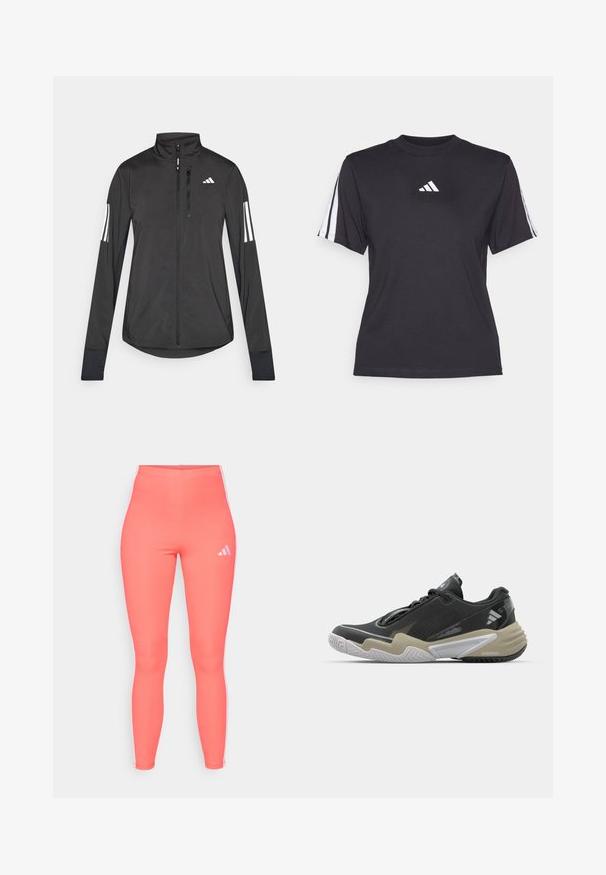 Jaqueta atlética preta feita de material leve. Apresenta um fecho frontal, colarinho alto e três riscas brancas em cada manga.; T-shirt atlético preto feito de tecido suave, com gola redonda, mangas curtas e três riscas brancas em cada ombro. Logótipo branco no peito.; Leggings atléticos corais feitos de material elástico, com riscas brancas laterais e um pequeno logotipo branco na parte superior esquerda da frente.; Sapatilha desportiva preta e bege com parte superior texturizada, design de sola proeminente, acabamentos refletivos e sistema de atacadores. Construção leve.