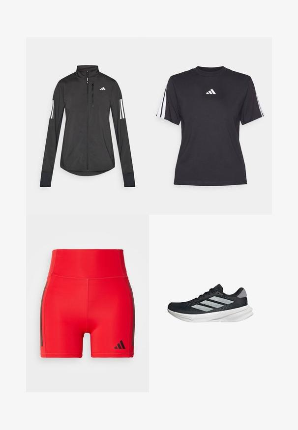 Černá atletická bunda vyrobená z lehkého materiálu. Má přední zip, vysoký límec a tři bílé pruhy na každém rukávu.; Černé sportovní tričko vyrobené z měkkého materiálu, s kulatým výstřihem, krátkými rukávy a třemi bílými pruhy na každém rameni. Bílé logo na hrudi.; Červené sportovní šortky s vysokým pasem, vyrobené z elastického materiálu, s černými bočními pruhy a embosovaným logem v dolním rohu.; Černé běžecké boty s vrchní částí z prodyšné síťoviny, třemi stříbrnými pruhy, bílou mezipodešví a texturovanou podešví. Obsahují polstrovaný límec a šněrování.